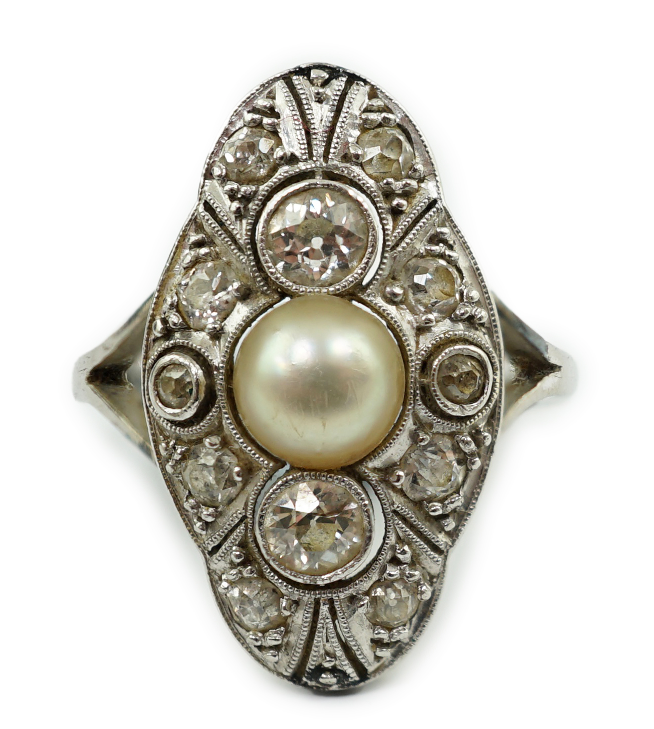 A Belle Epoque 18ct white gold, single stone split pearl and millegrain set diamond cluster lozenge shaped dress ring